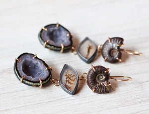 Fossilized Ammonite, Dendritic Agate, & Blue Geode Earrings with 14k Gold