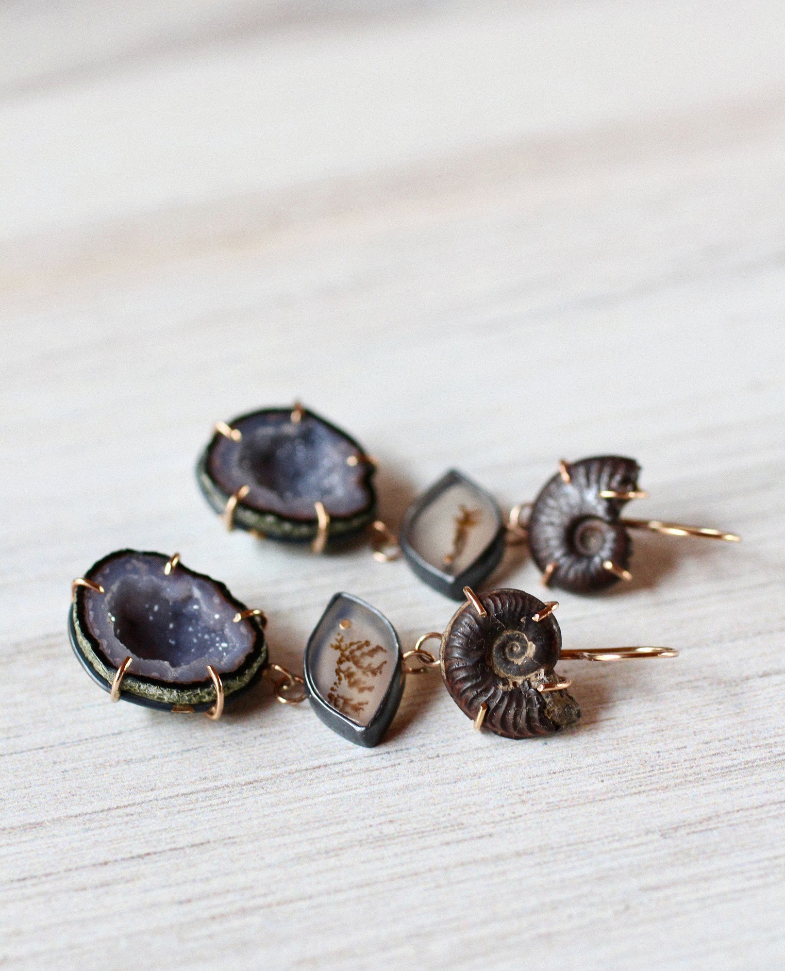 Fossilized Ammonite, Dendritic Agate, & Blue Geode Earrings with 14k Gold