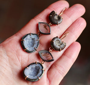 Fossilized Ammonite, Dendritic Agate, & Blue Geode Earrings with 14k Gold